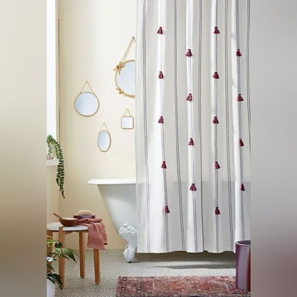 NEW BOHO TASSEL JOHNNY FRINGE MATERIAL FABRIC WAS SHOWER CURTAIN CREAM PURPLE - Picture 1 of 4